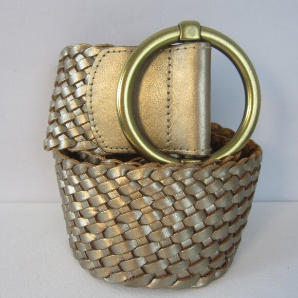 NEW Ann Taylor Women S Metallic Gold Woven Leather Wide Belt Ring Buckle